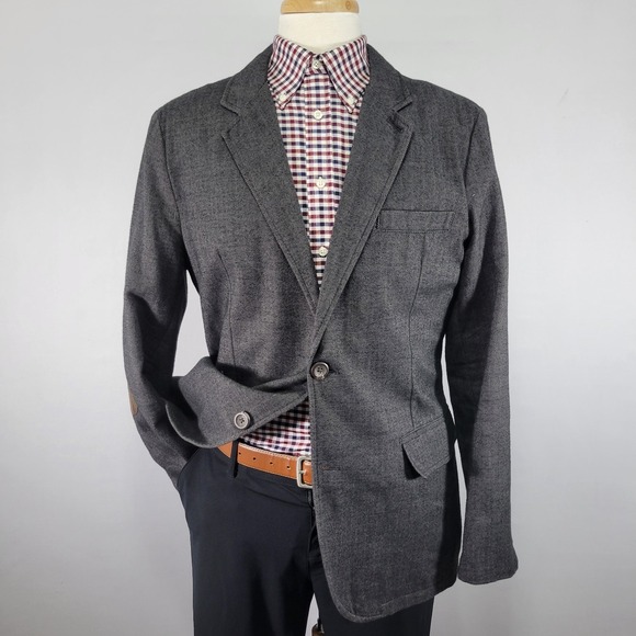GAP Men's Sport Coat Blazer Two Button Gray Herringbone Cotton Elbow Patch LARGE